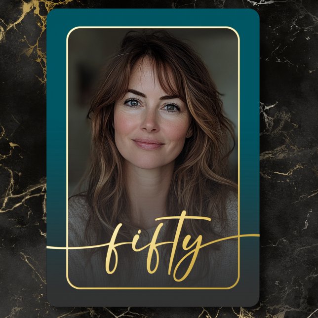 Modern Minimal Teal Photo Fiftieth Birthday Foil Invitation (Modern Minimal Teal Photo Fiftieth Birthday Foil Invitation)