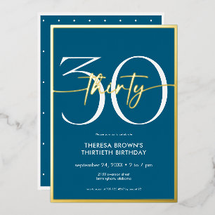 Modern Minimal Teal Thirty Script Birthday Foil Invitation