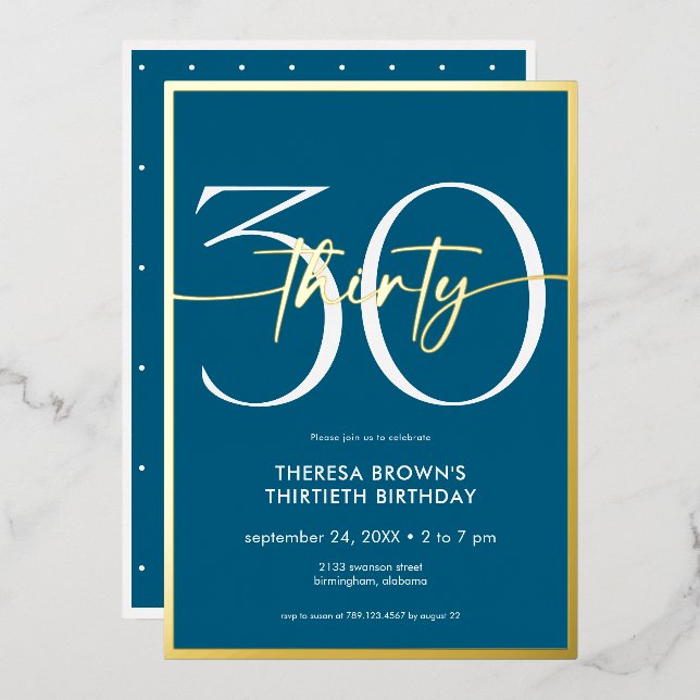 Modern Minimal Teal Thirty Script Birthday Foil Invitation (Front/Back)