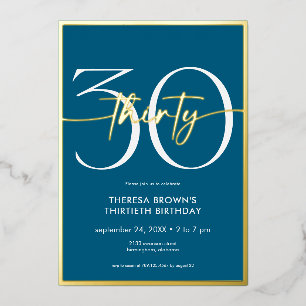 Modern Minimal Teal Thirty Script Birthday Foil Invitation