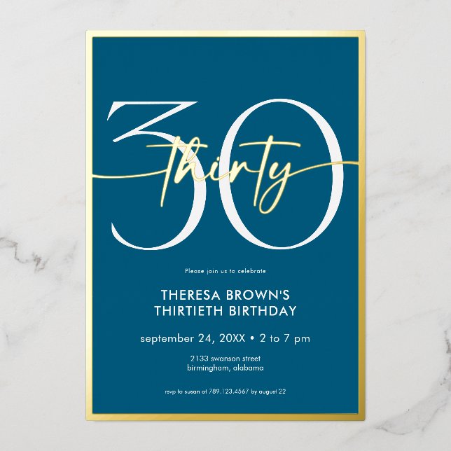 Modern Minimal Teal Thirty Script Birthday Foil Invitation (Front)