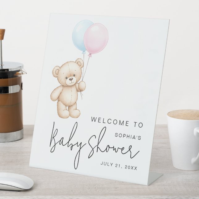 Modern Minimal Teddy Bear Baby Shower Welcome Pedestal Sign (In SItu)