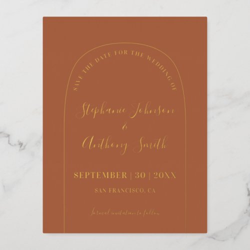 Modern Minimal Terracotta and White Arch    Foil Invitation Postcard