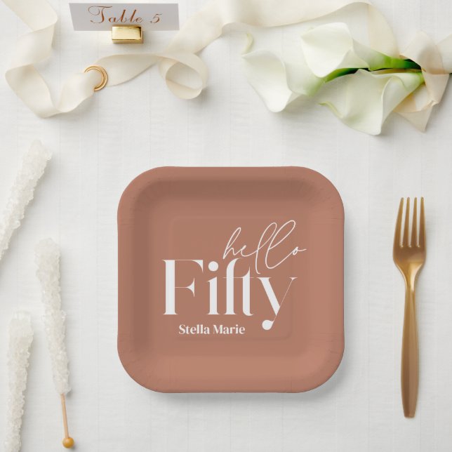 Modern minimal terracotta simple 50th birthday paper plates (Wedding)