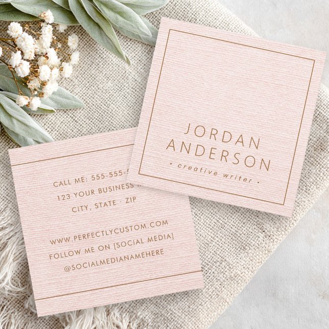 Modern minimal thin borders blush pink linen look square business card (Modern minimal thin borders blush pink linen look square business card)
