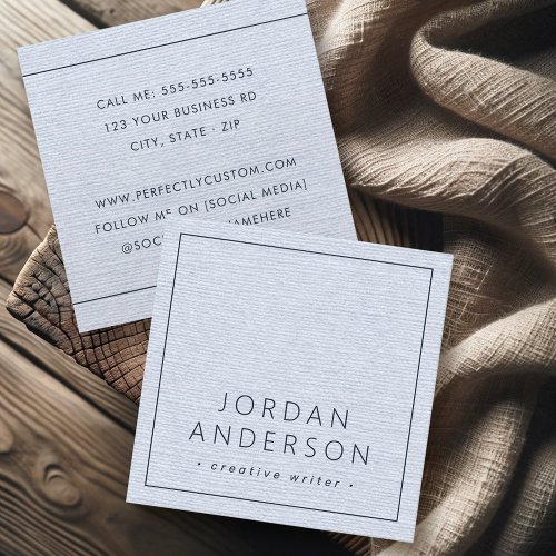 Modern minimal thin borders dusty blue linen look square business card