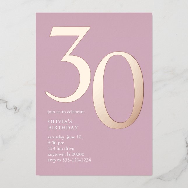 Modern Minimal Thirty 30th Birthday Party Pink Foil Invitation (Front)