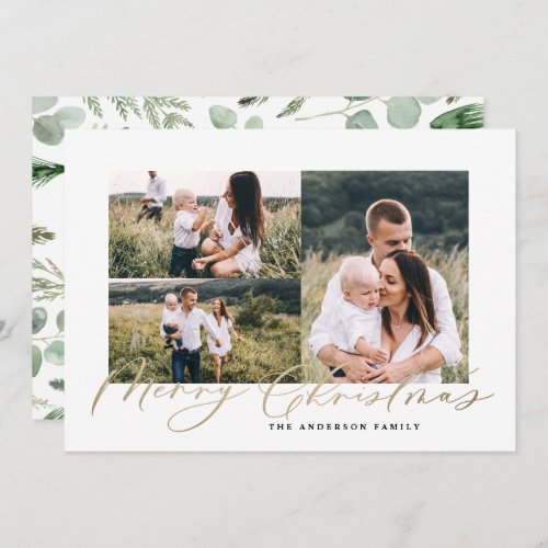 Modern minimal three photo christmas script family holiday card