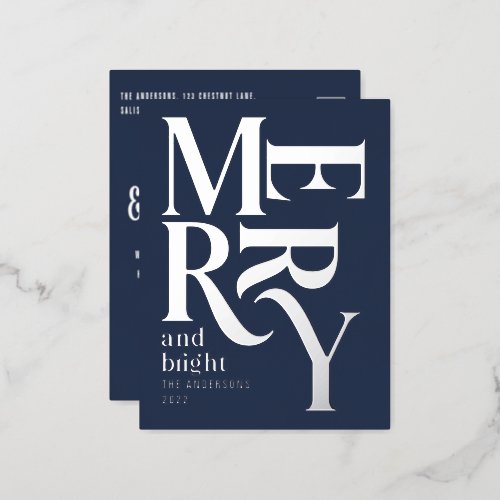 Modern minimal traditional blue merry Christmas Foil Holiday Postcard