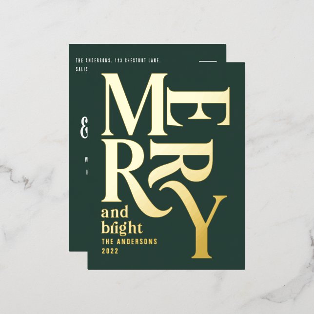 Modern minimal traditional green merry Christmas Foil Holiday Postcard (Front/Back)