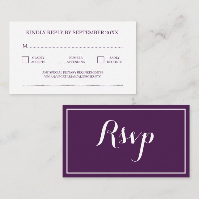Modern Minimal Traditional Purple Wedding RSVP Enclosure Card (Front/Back)