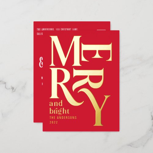 Modern minimal traditional red merry Christmas  Foil Holiday Postcard