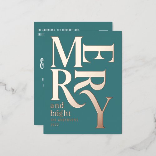 Modern minimal traditional teal merry Christmas Foil Holiday Postcard