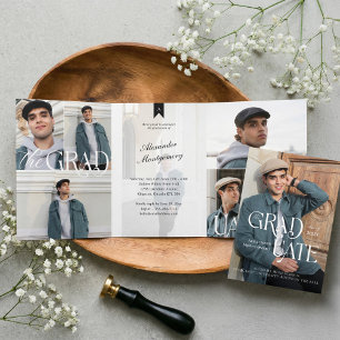 Modern Minimal Trendy Grad Photo Collage Graduate Tri-Fold Invitation