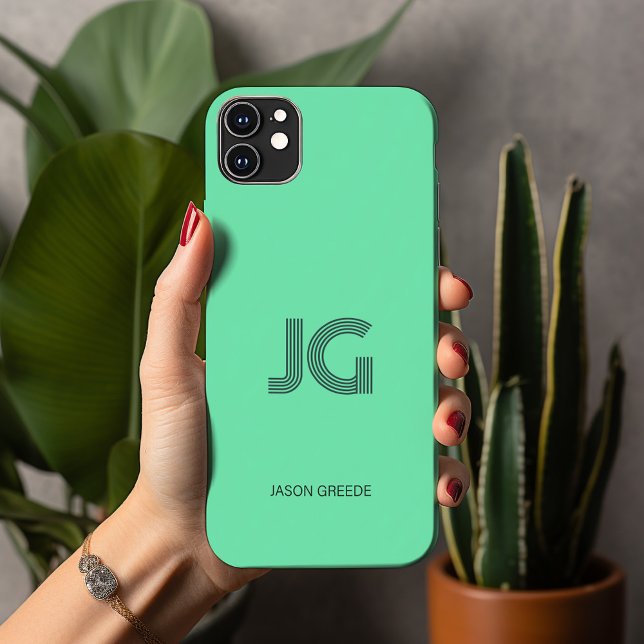 Modern Minimal, Trendy Mint Green Simple Monogram  Iphone Case (Creator Uploaded)