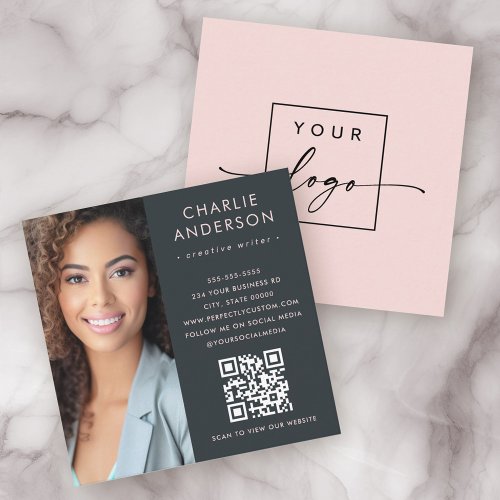 Modern minimal trendy pink gray photo square business card