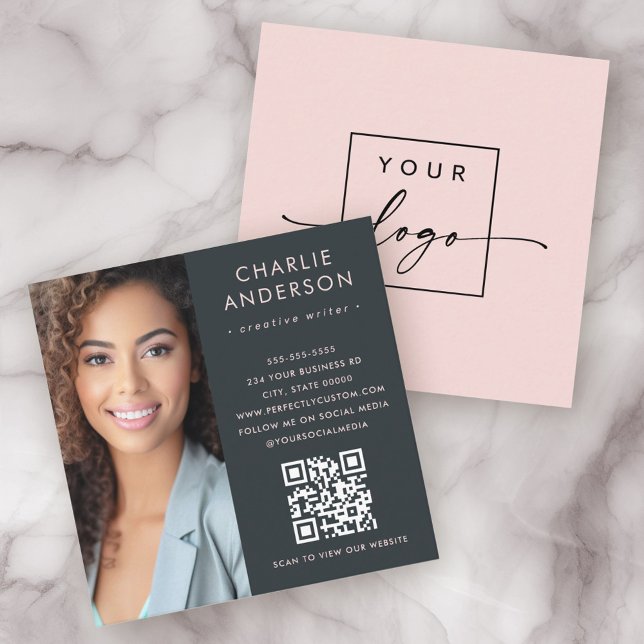 Modern minimal trendy pink gray photo square business card (Creator Uploaded)