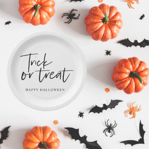 Modern Minimal Trick And Treat Happy Halloween Paper Plates