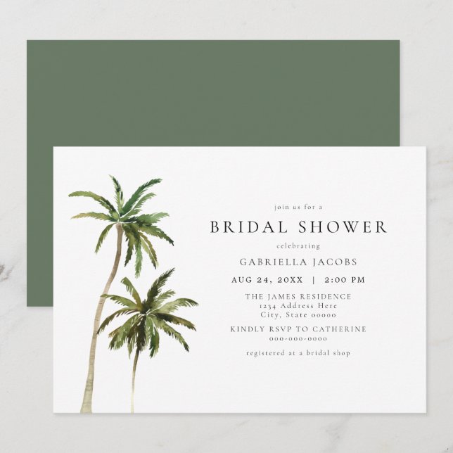 Modern Minimal Tropical Beach Palm Bridal Shower Invitation (Front/Back)