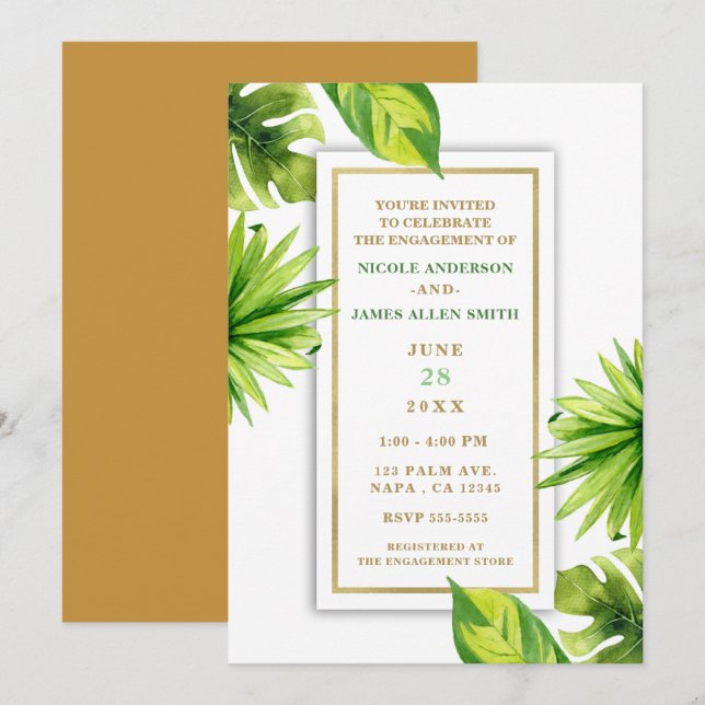 Modern Minimal Tropical Green Leaves Engagement Invitation (Front/Back)