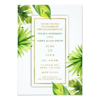 Modern Minimal Tropical Green Leaves Engagement Invitation