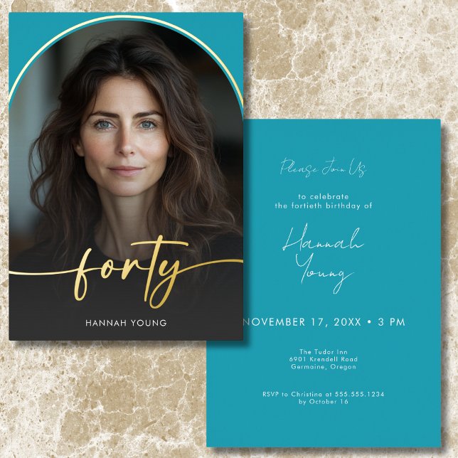 Modern Minimal Turquoise Arch Fortieth Birthday Foil Invitation (Modern Minimal Turquoise Arch Fortieth Birthday Foil Invitation)