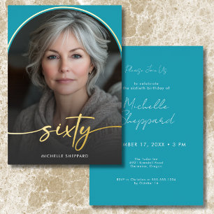 Modern Minimal Turquoise Arch Sixtieth Birthday Foil Invitation