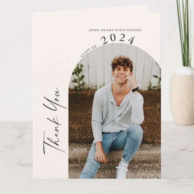 Modern Minimal Two Photo Beige Graduation  Thank You Card (Front)