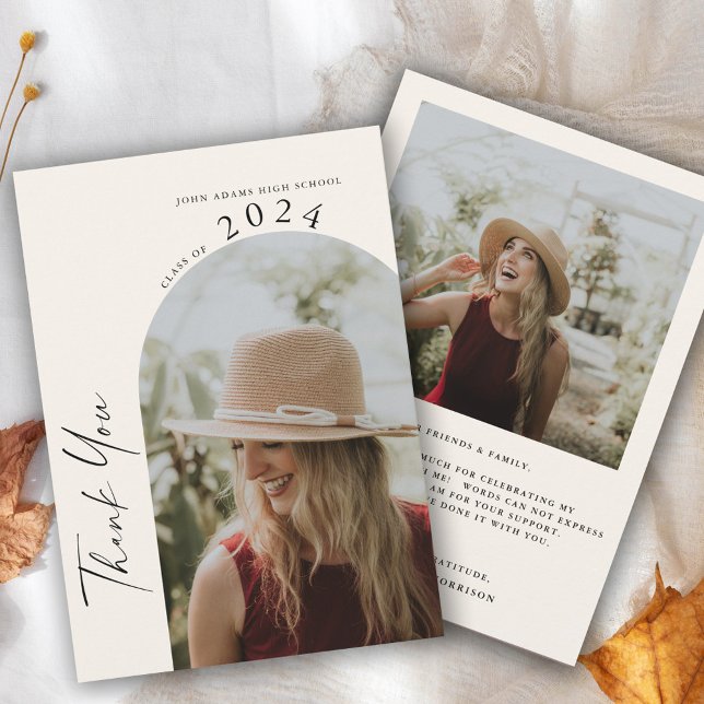 Modern Minimal Two Photo Beige Graduation  Thank You Card (Creator Uploaded)