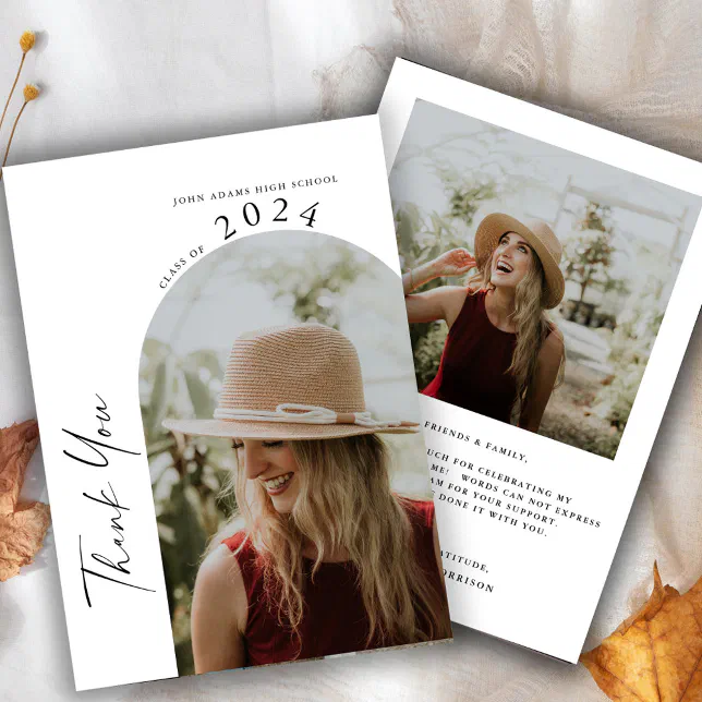 Modern Minimal Two Photo Calligraphy Graduation Thank You Card | Zazzle