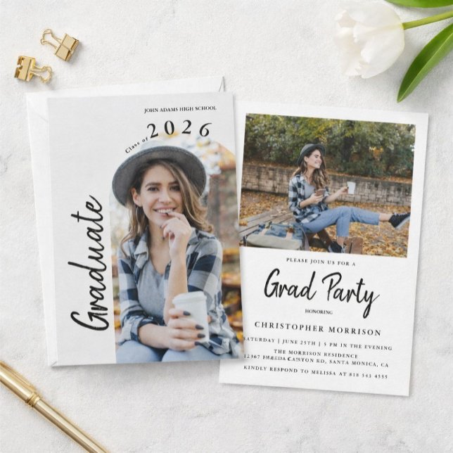 Modern Minimal Two Photo Graduation Party Invitation (Creator Uploaded)