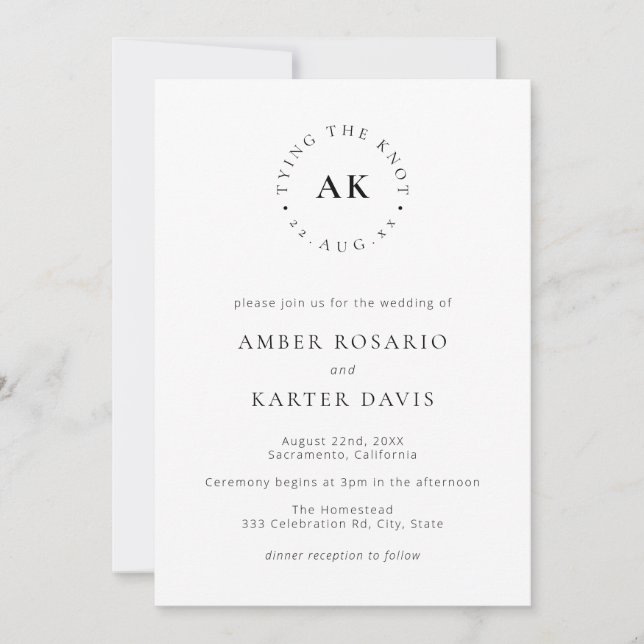 Modern Minimal Tying The Knot Monogram Wedding Invitation (Front)