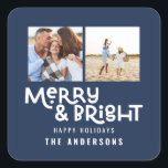 Modern minimal typography 2  photo Christmas  Square Sticker<br><div class="desc">All may not be calm but all can still be bright with this fun modern colorful Christmas design. With space for 2 square photographs,  available in a selection of colours.</div>