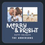Modern minimal typography 2  photo Christmas  Square Sticker<br><div class="desc">All may not be calm but all can still be bright with this fun modern colorful Christmas design. With space for 2 square photographs,  available in a selection of colours.</div>