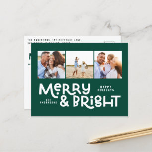 Modern minimal typography 3 photo Christmas fun  H Holiday Postcard