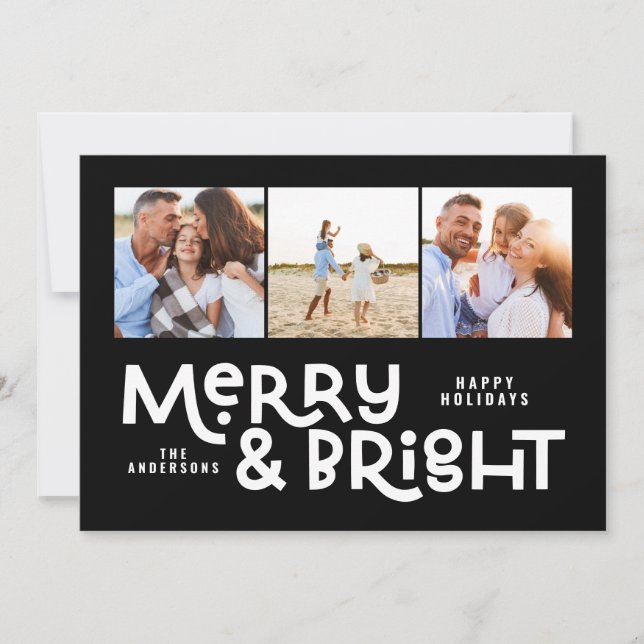 Modern minimal typography 3 photo Christmas fun Ho Holiday Card (Front)