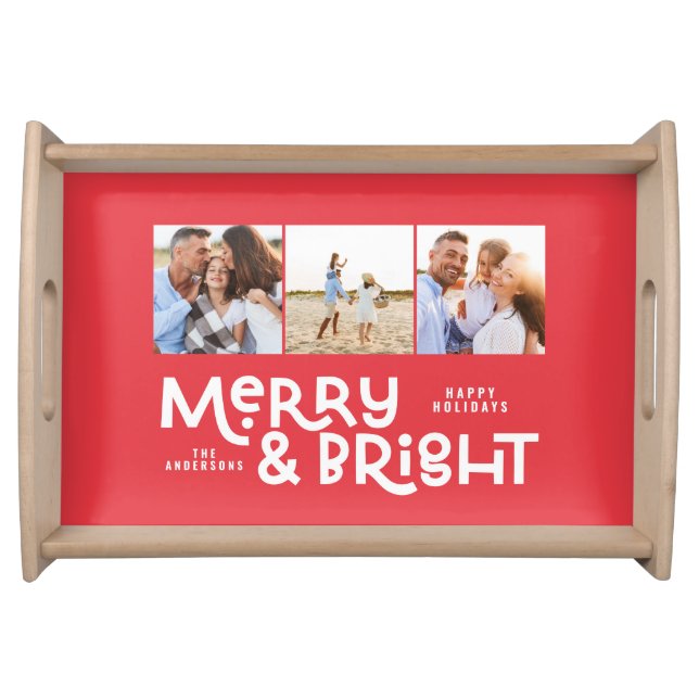 Modern minimal typography 3 photo Christmas fun  Serving Tray (Front)