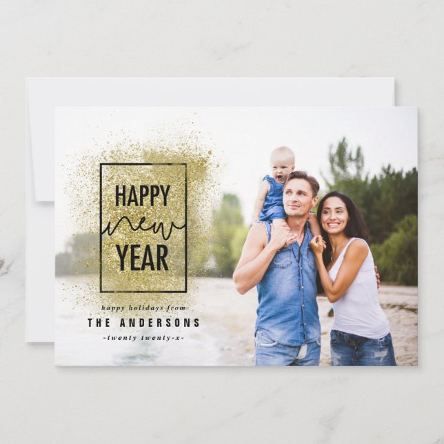 Modern minimal typography gold glitter new years holiday card (Front)