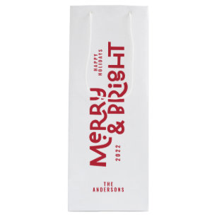 Modern minimal typography merry and bright wine gift bag