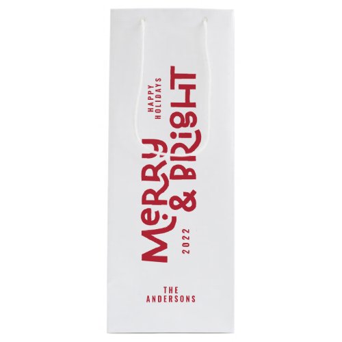 Modern minimal typography merry and bright wine gift bag