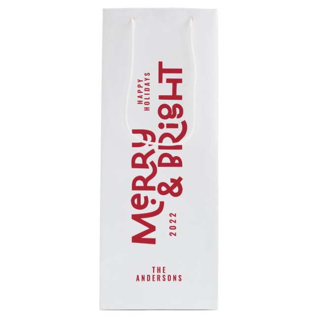 Modern minimal typography merry and bright wine gift bag (Front)