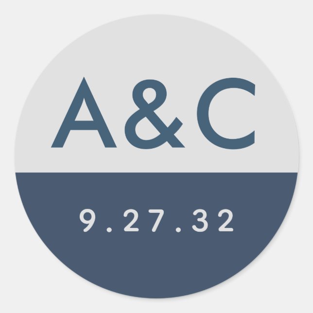 Modern Minimal Typography Navy Blue Gray Initials  Classic Round Sticker (Front)