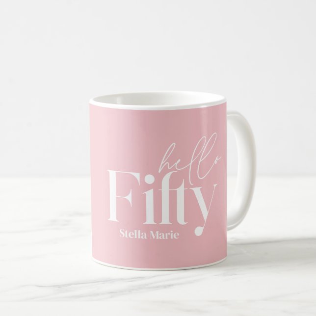 Modern minimal typography pink photo 50th birthday coffee mug (Front Right)