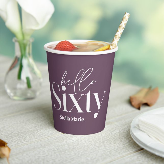 Modern minimal typography purple 60th birthday paper cups (Insitu)