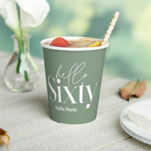 Modern minimal typography sage green 60th birthday paper cups