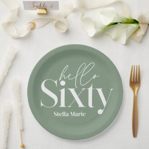 Modern minimal typography sage green 60th birthday paper plates