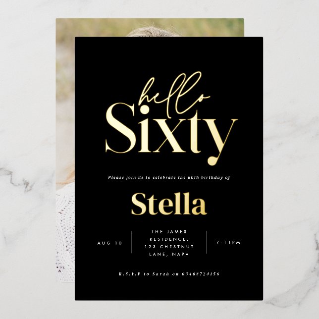 Modern minimal typography simple 60th birthday foil invitation (Front/Back)