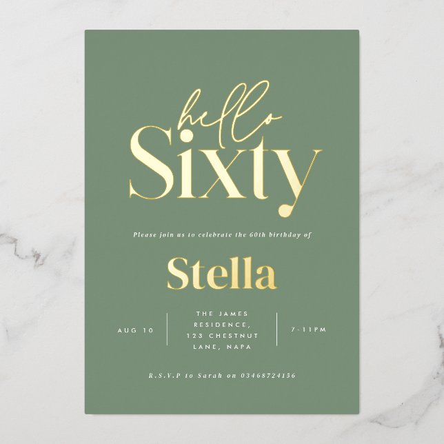 Modern minimal typography simple 60th birthday foil invitation (Front)
