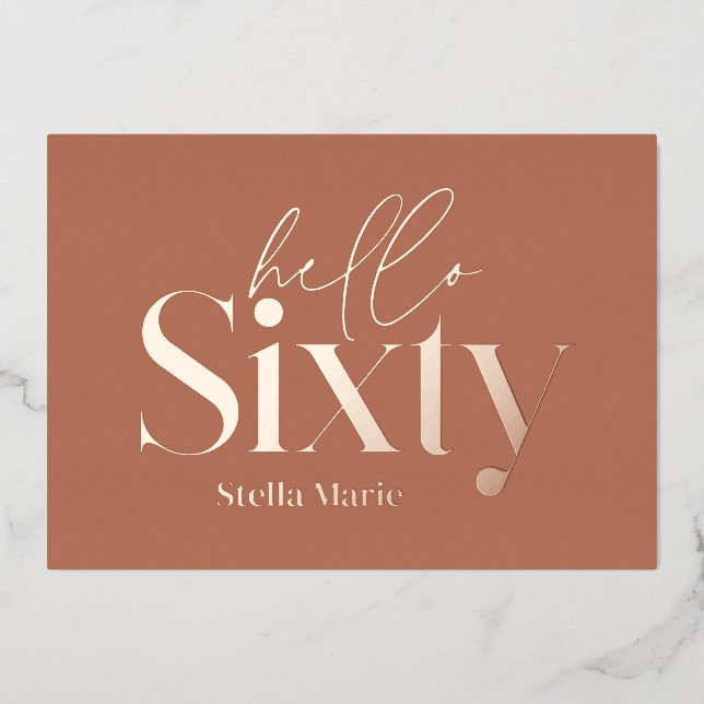 Modern minimal typography terracotta 60th birthday foil invitation (Front)