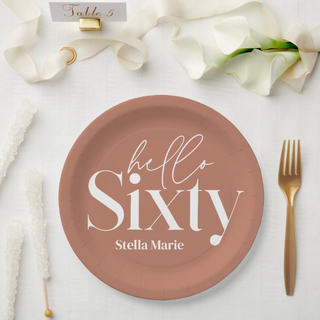 Modern minimal typography terracotta 60th birthday paper plates (Wedding)